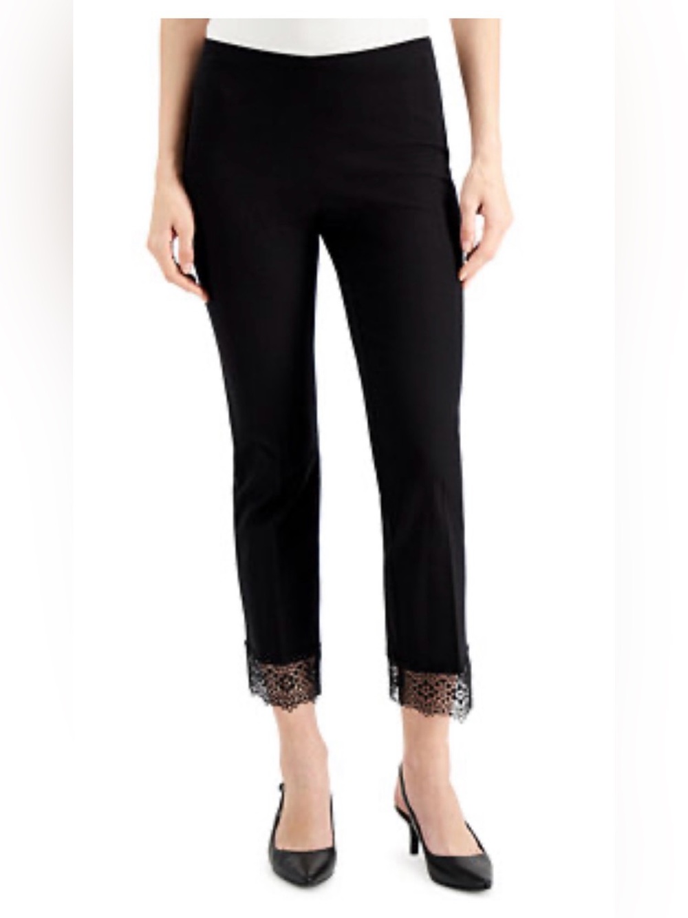 🌸. Black Lace-Hem Ankle Pants - Women's